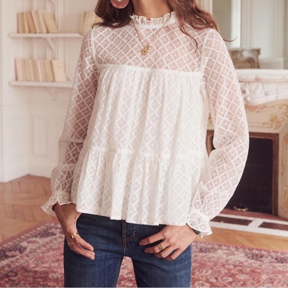 Sezane White Lace Peasant Blouse with Ruffle Neck